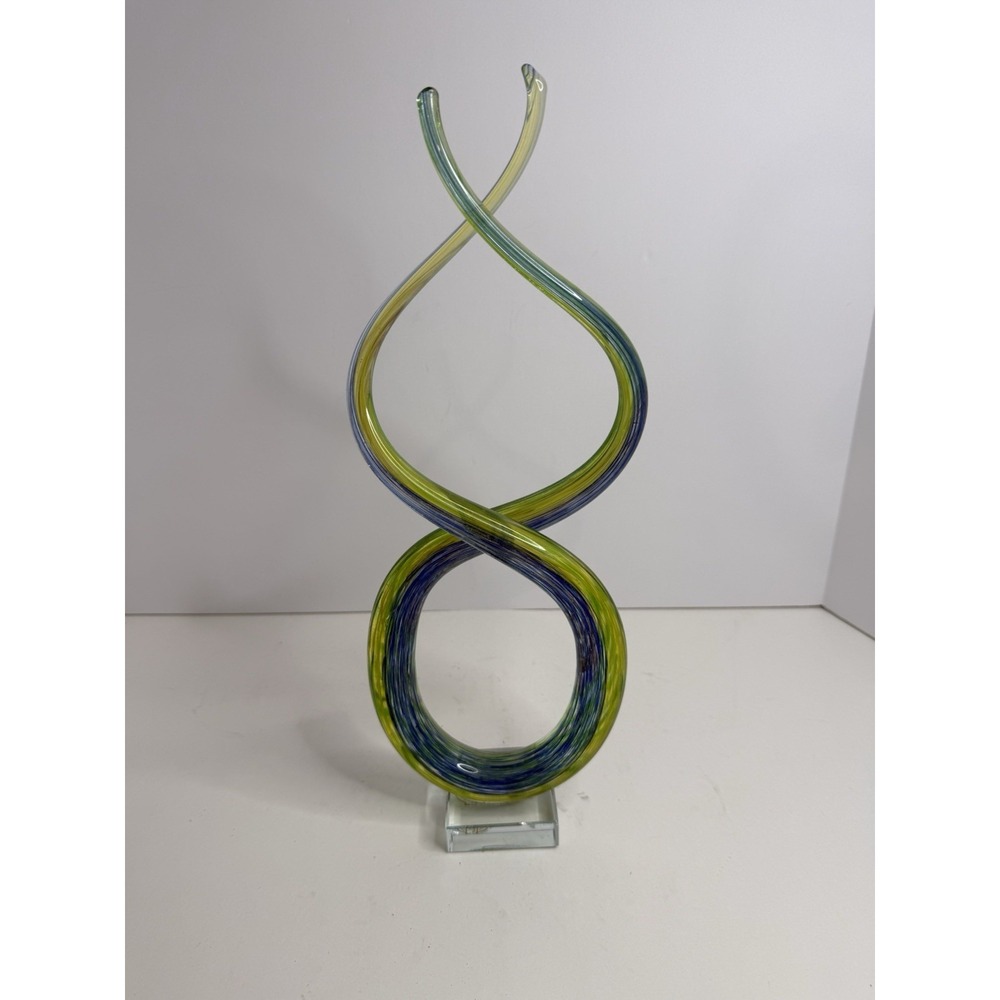 14" Abstract Art Glass Sculpture Swirl Twisted Infinity Figure Blue Green Decor